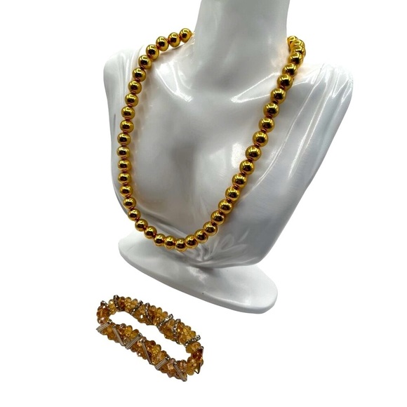 Gold Tone Ball Necklace & Citrine Glass Crystal Bracelet Set N46 - Picture 3 of 7